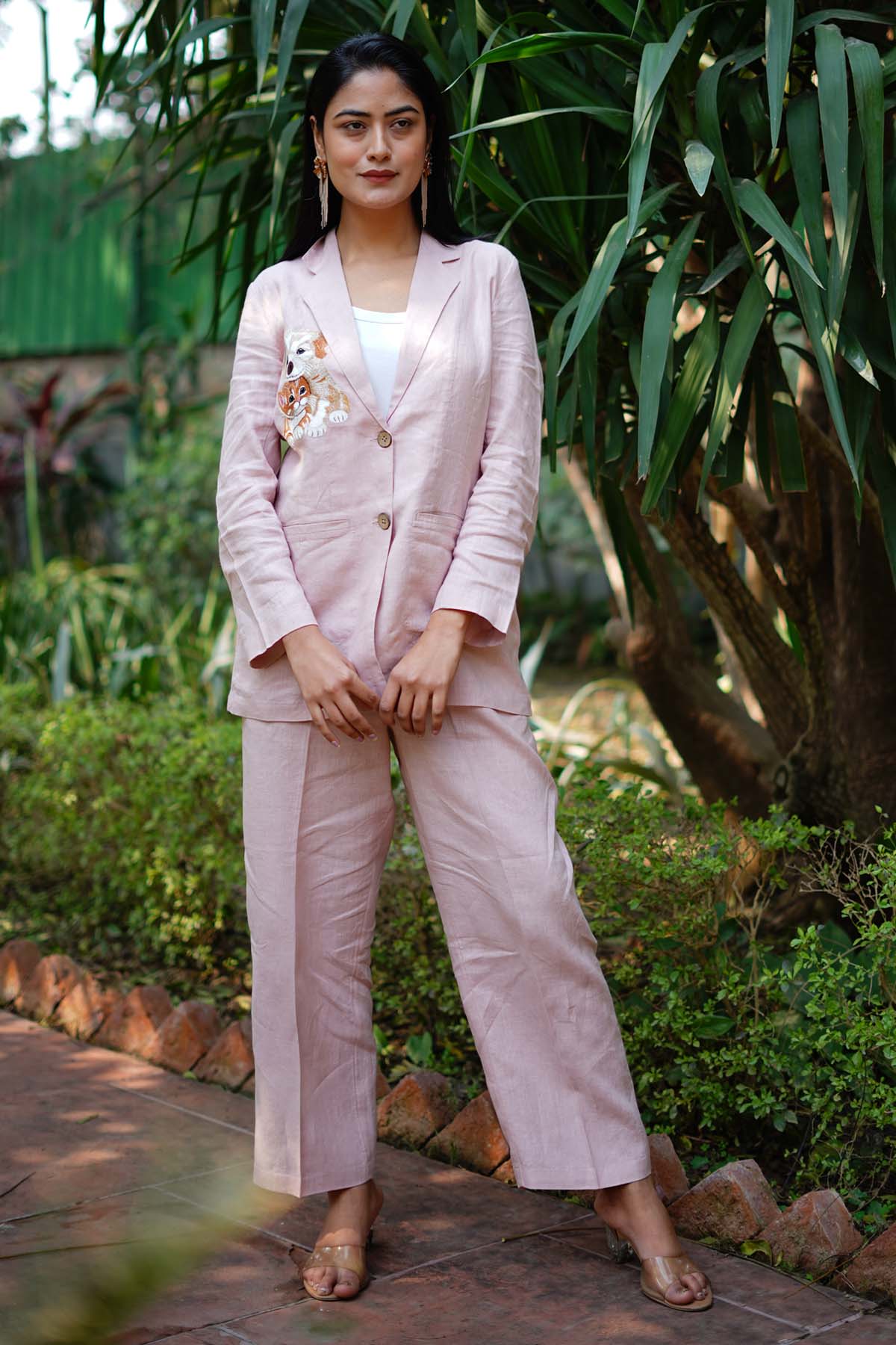 Buy Designer Pink Linen Embroidered Blazer Online